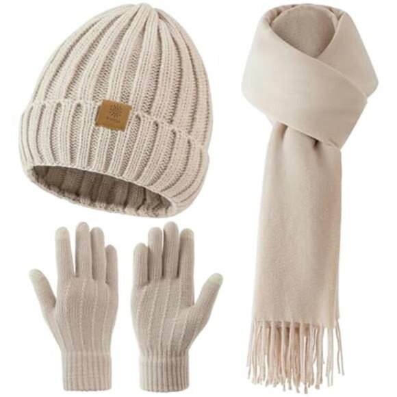 Women\'s Winter Hat Beanie Long Scarf Touch Screen Gloves Set